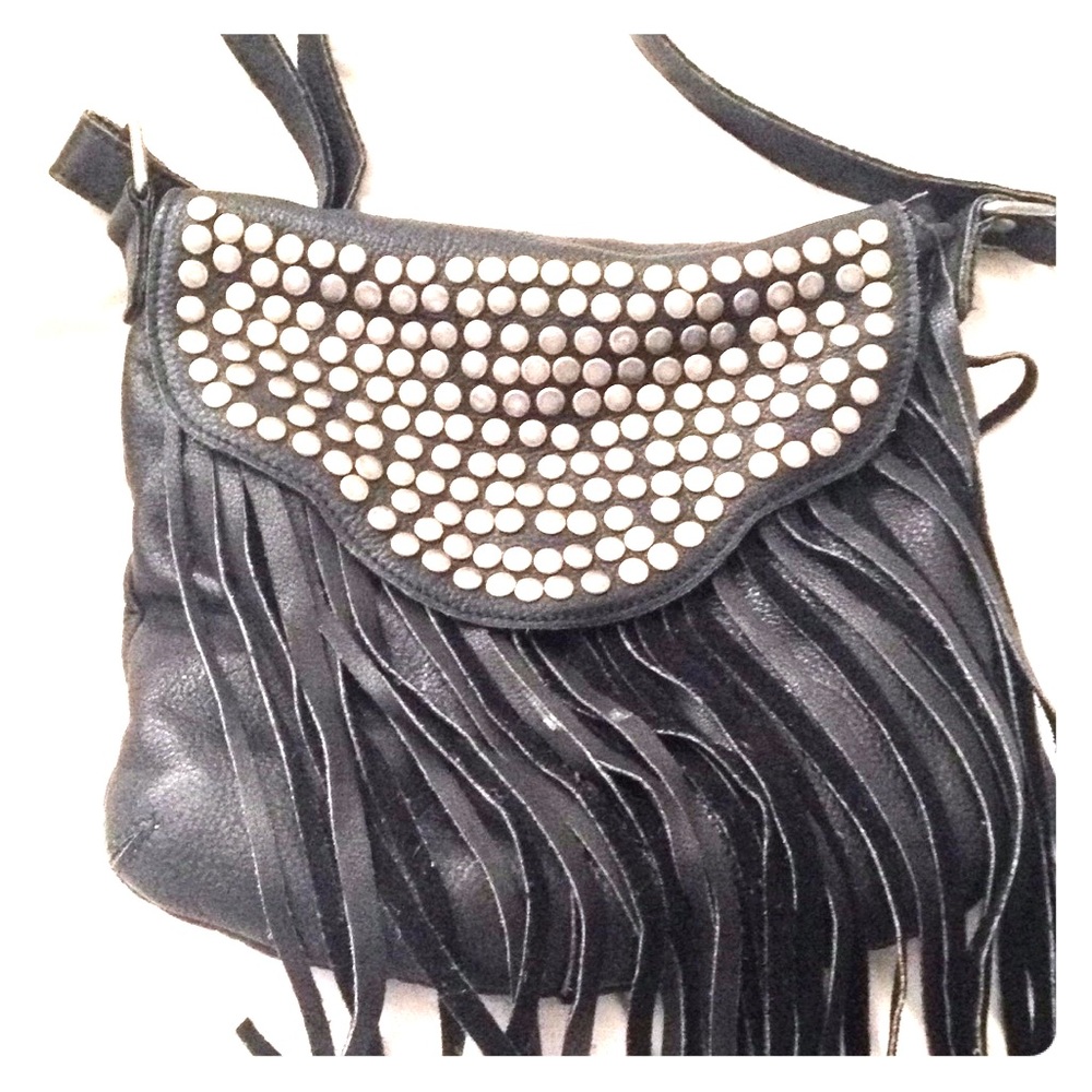 Cut N Paste Black Leather Studded Fringe Crossbody